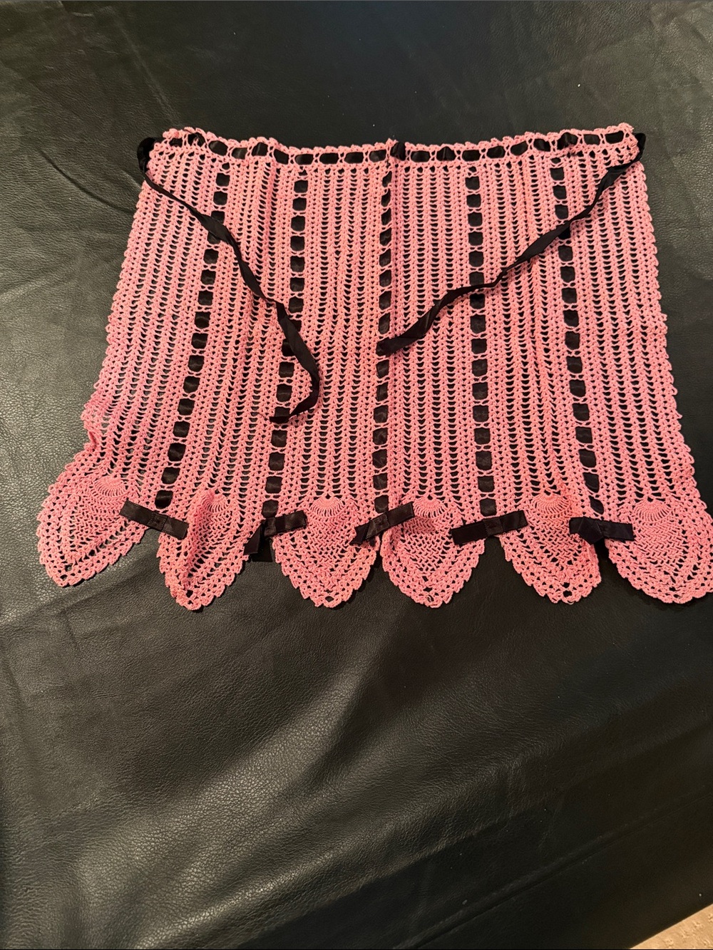 Vintage Handmade Pink Crochet Lace Apron with Black Trim
